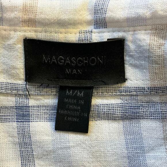 Magaschoni Man Neutral Check Linen Blend Casual Button Down Size M - Picture 5 of 9